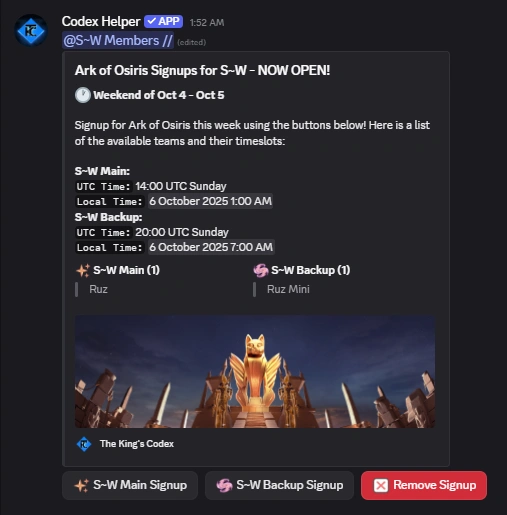 Ark of Osiris Signups